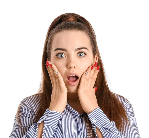 Portrait Surprised Young Businesswoman White Background — Stock Photo, Image