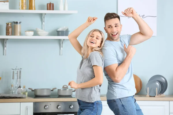 Happy Dancing Young Couple Kitchen — Stock Photo, Image