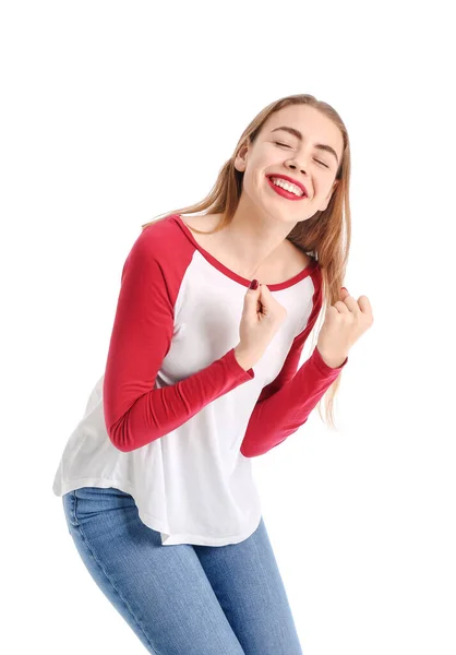 Beautiful Happy Young Woman White Background — Stock Photo, Image