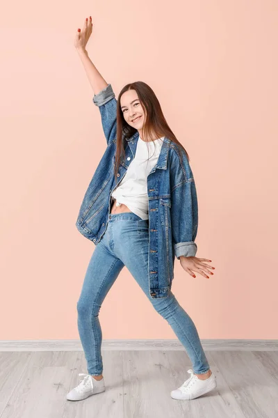 Portrait Dancing Young Woman Color Wall — Stock Photo, Image