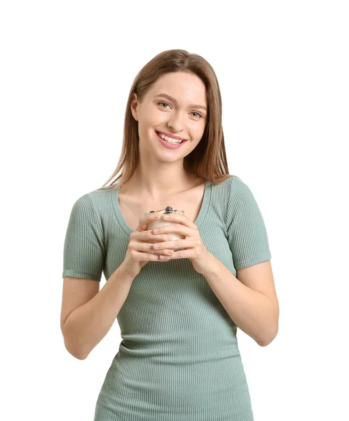 Junge Frau Mit Leckerem Joghurt Auf Weißem Hintergrund — Stockfoto