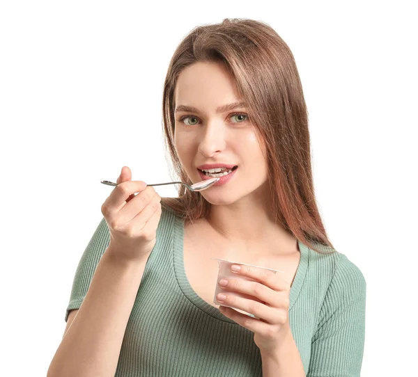 Young Woman Tasty Yogurt White Background — Stock Photo, Image