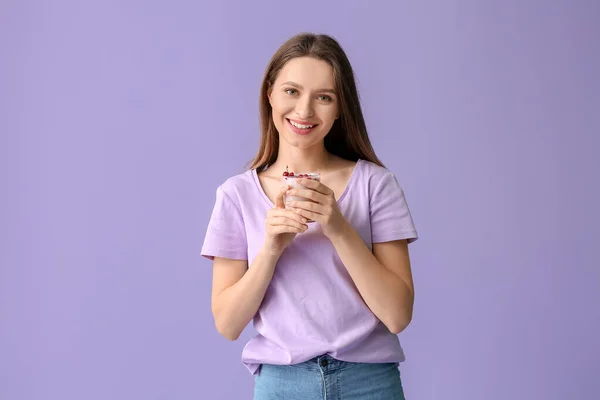 Young Woman Tasty Yogurt Color Background — Stock Photo, Image