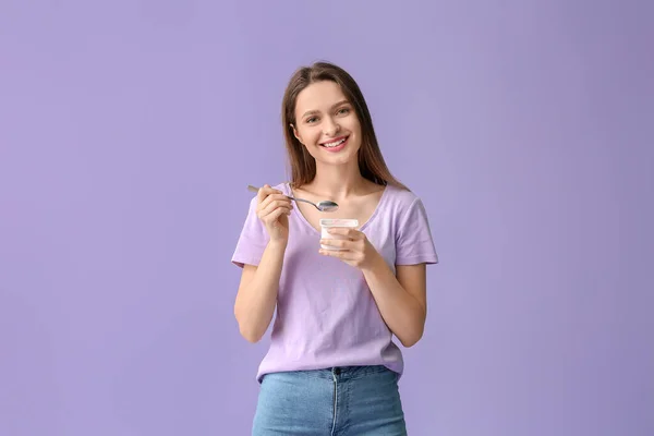 Young Woman Tasty Yogurt Color Background — Stock Photo, Image
