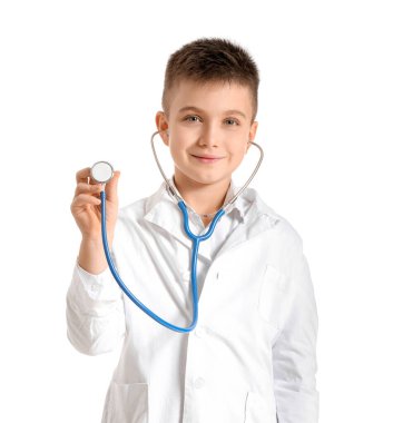 Cute little doctor on white background