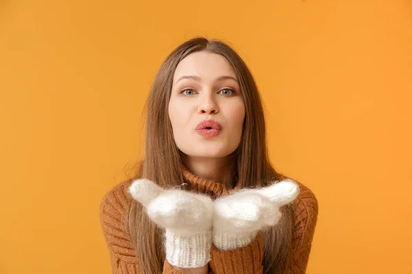 Beautiful Young Woman Warm Sweater Blowing Kiss Color Background — 스톡 사진