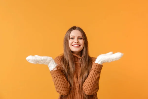 Beautiful Young Woman Warm Sweater Color Background — Stock Photo, Image