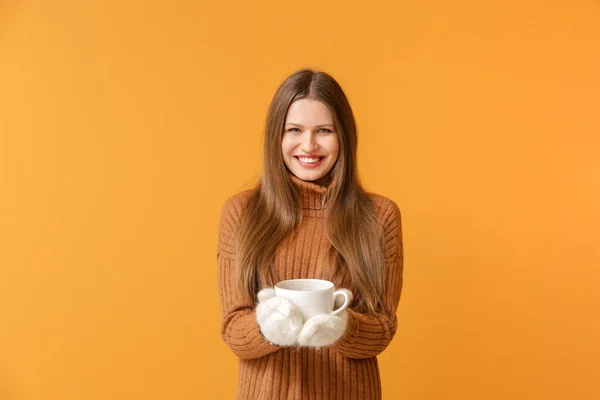 Beautiful Young Woman Warm Sweater Hot Coffee Color Background — Stock Photo, Image