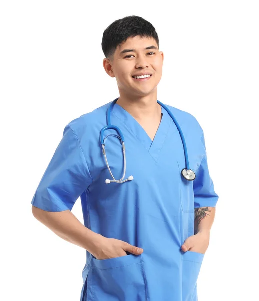 Homme Asiatique Médecin Sur Fond Blanc — Photo