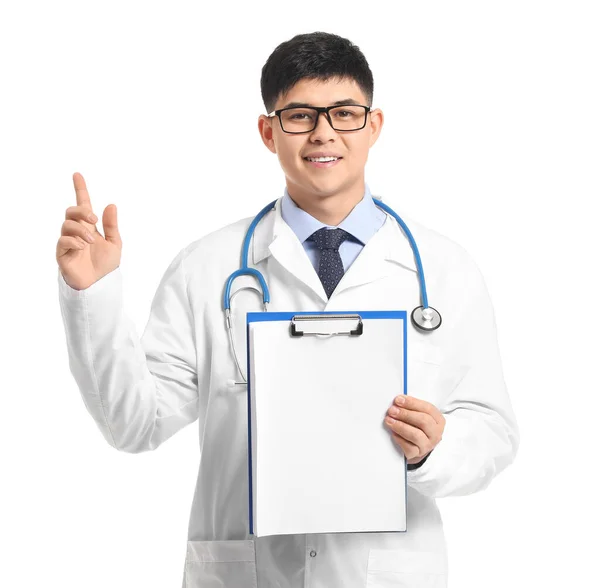 Male Asian Doctor Clipboard White Background — Stock Photo, Image