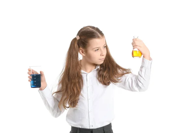 Cute Little Girl Laboratory Glassware White Background — Stock Photo, Image