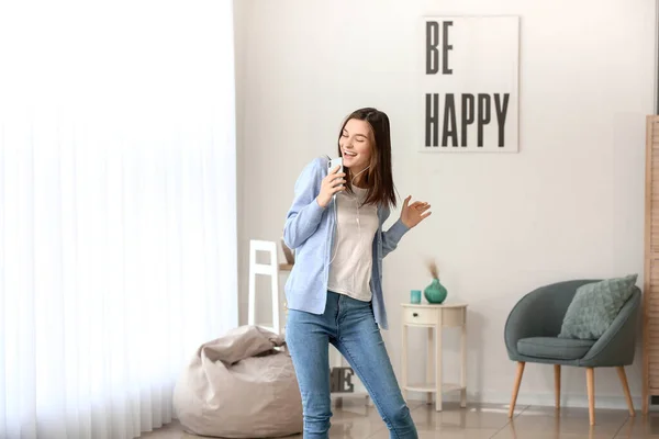 Beautiful Young Woman Listening Music Dancing Home — Stock Photo, Image