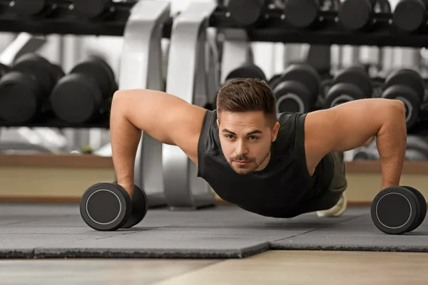 Sporty Young Man Training Dumbbells Gym — Stock Photo, Image