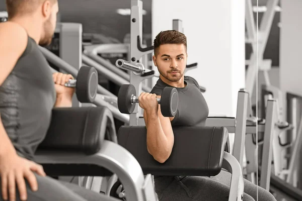 Sporty Young Man Training Dumbbells Gym — Stock Photo, Image