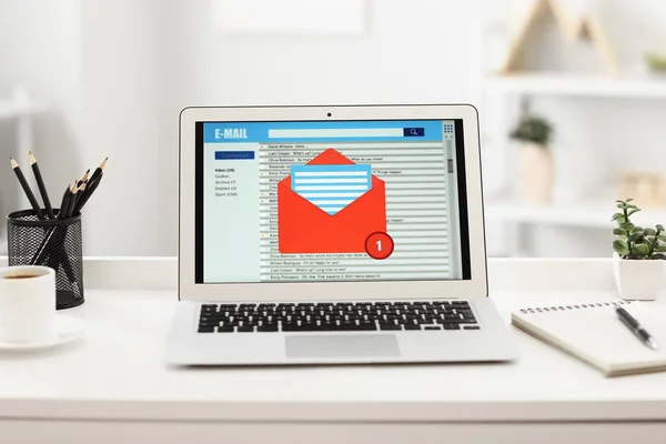 Laptop Open Mail Box Screen Workplace — Stock Photo, Image