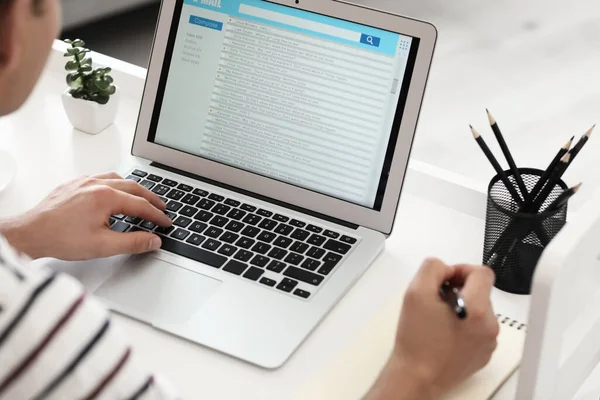 Young Man Laptop Checking His Mail Home — Stock Photo, Image