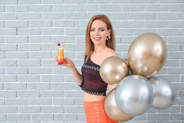 Happy Woman Cocktail Air Balloons Brick Background — Stock Photo, Image