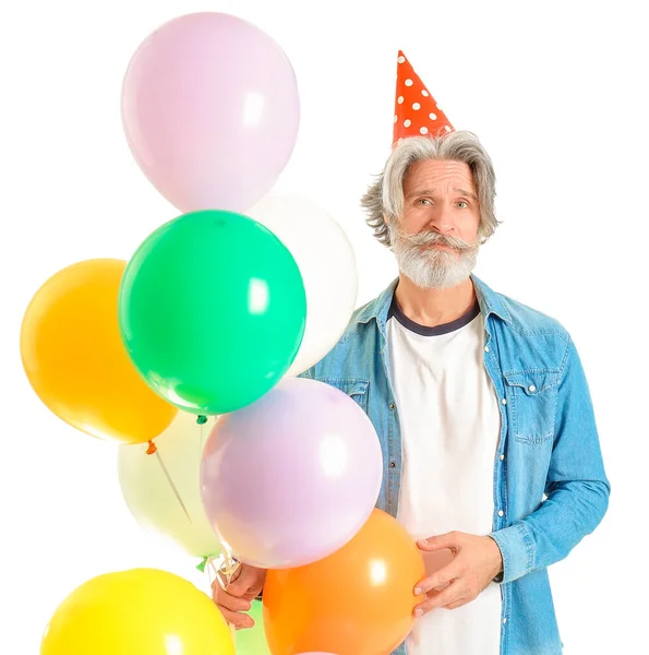 Senior Man Viert Verjaardag Witte Achtergrond — Stockfoto