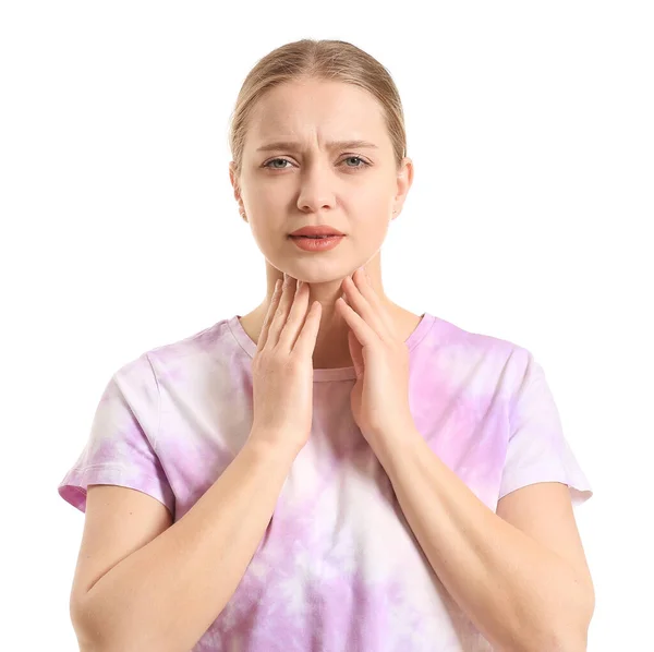 Молодая Женщина Проблемой Щитовидной Железы Белом Фоне — стоковое фото