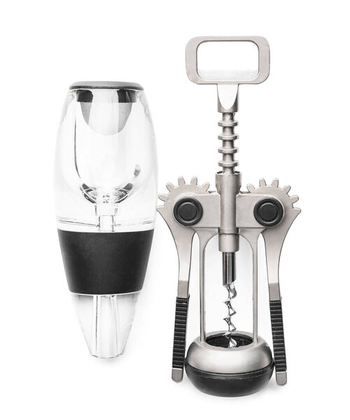 Wine aerator and corkscrew on white background