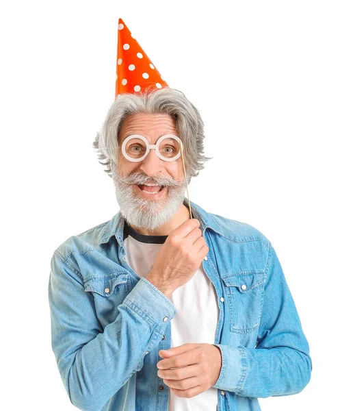 Senior Man Celebrating Birthday White Background Stock Picture