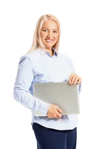 Portrait Mature Businesswoman Laptop White Background — Stock Photo, Image