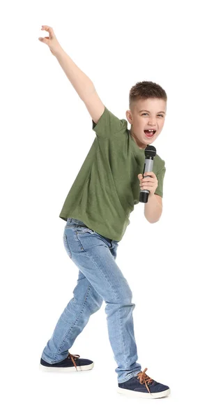 Bonito Menino Cantando Contra Fundo Branco — Fotografia de Stock