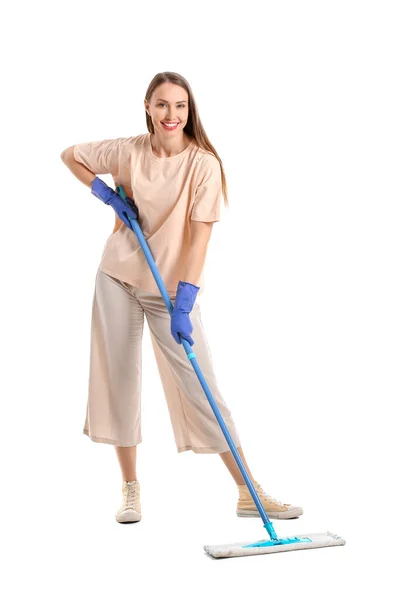 Young Woman Mop White Background — Stock Photo, Image