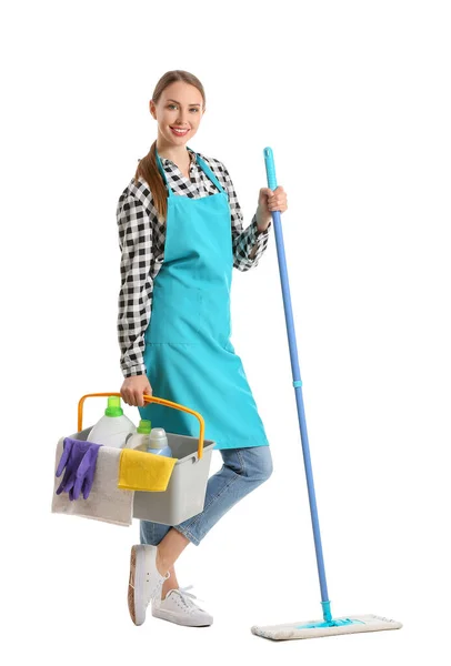 Young Woman Cleaning Supplies White Background — Stock Photo, Image