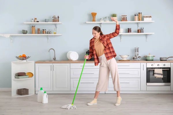Young Woman Having Fun While Mopping Floor Kitchen — Stock Photo, Image