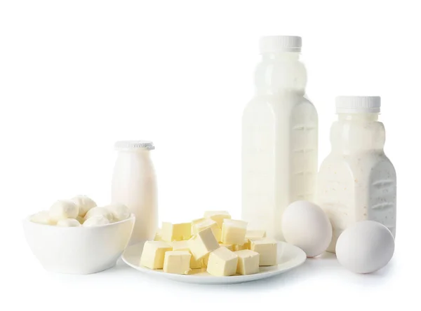 Different Dairy Products Lactose White Background — Stock Photo, Image