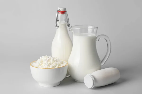 Different Dairy Products Lactose Grey Background — Stock Photo, Image