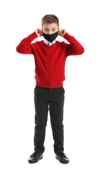 Little Schoolboy Wearing Protective Mask White Background Concept Epidemic — Stock Photo, Image