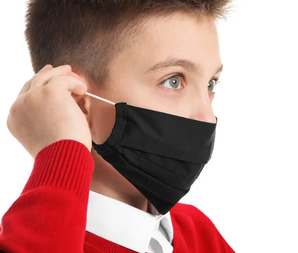 Pequeño Colegial Con Máscara Protectora Sobre Fondo Blanco Concepto Epidemia —  Fotos de Stock