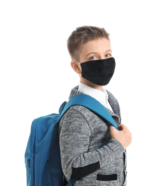 Petit Écolier Portant Masque Protection Sur Fond Blanc Concept Épidémie — Photo