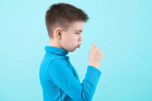 Ill Coughing Little Boy Color Background — Stock Photo, Image