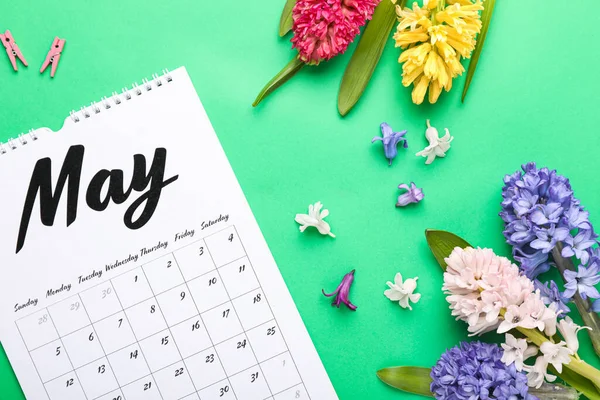 Vacker Hyacint Blommor Med Kalender Färg Bakgrund — Stockfoto