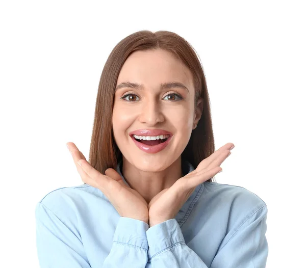 Young Woman Beautiful Smile White Background — Stock Photo, Image