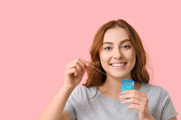 Beautiful Young Woman Dental Floss Color Background — Stock Photo, Image