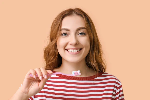Beautiful Young Woman Toothbrush Color Background — Stock Photo, Image