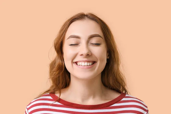 Young Woman Healthy Teeth Color Background — Stock Photo, Image