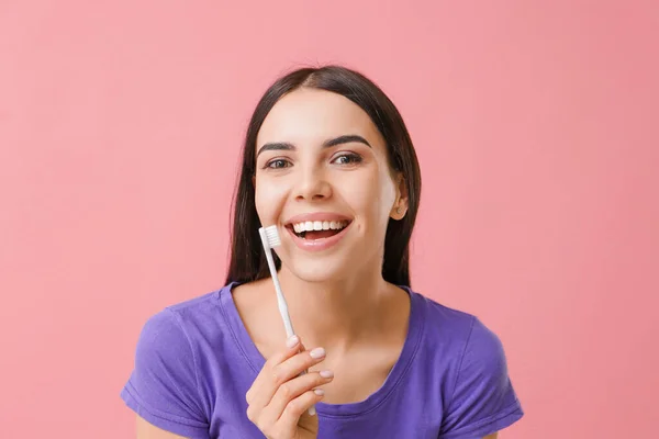 Beautiful Young Woman Toothbrush Color Background — Stock Photo, Image