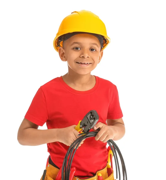 Little African American Electrician White Background — Stock Photo, Image