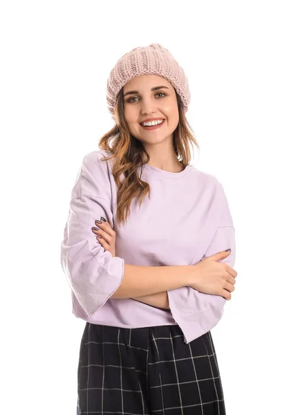 Young Woman Warm Sweater White Background — Stockfoto