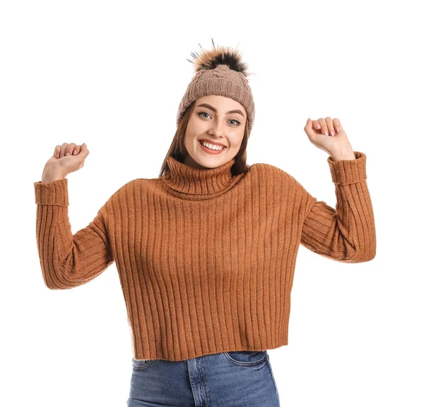Young Woman Warm Sweater White Background — Stock Photo, Image