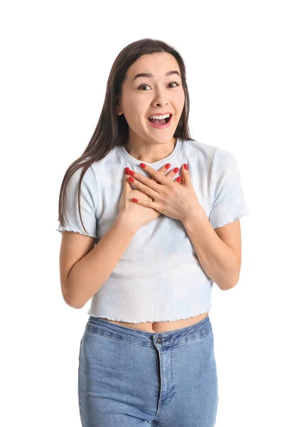 Retrato Mulher Jovem Surpreso Fundo Branco — Fotografia de Stock