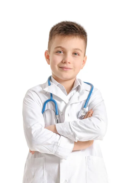 Niedlichen Kleinen Arzt Auf Weißem Hintergrund — Stockfoto