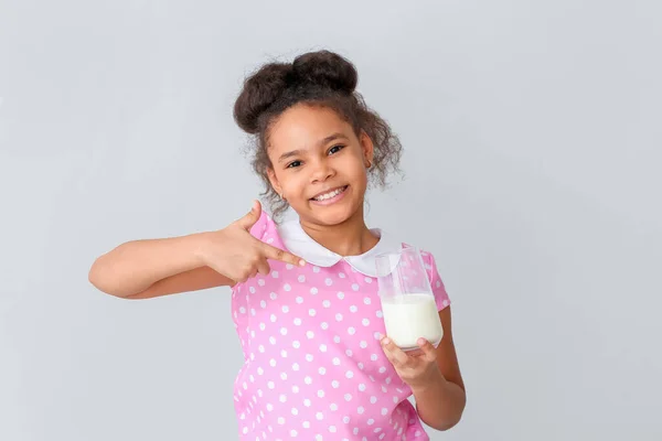 Little African American Girl Milk Light Background — Stock Photo, Image