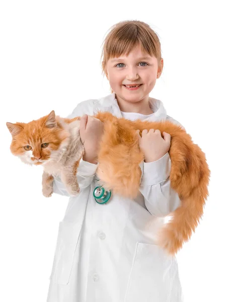 Malý Veterinární Lékař Roztomilou Kočkou Bílém Pozadí — Stock fotografie