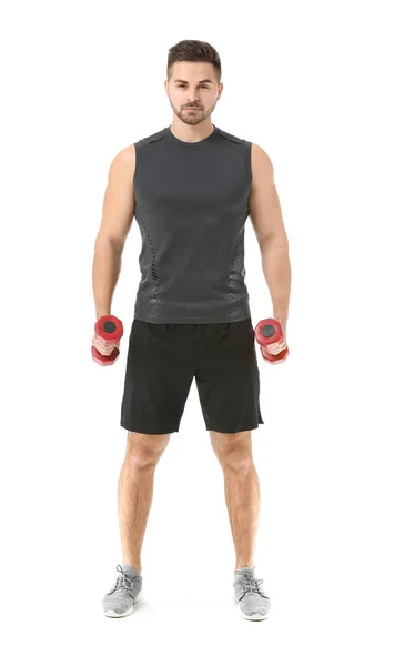 Sporty Young Man Training Dumbbells White Background — Stock Photo, Image